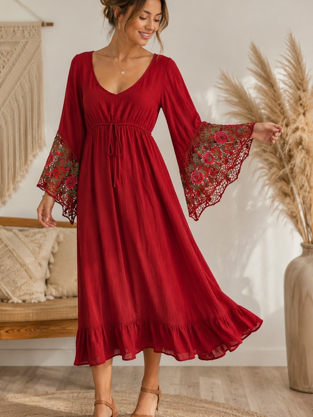 Boho Red Maxi Dress with Crochet Bell Sleeves